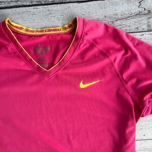 Nike Pro Combat Dri-FIT Pink Fitted V-Neck Training Shirt Womens L